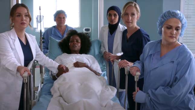 Finch appears at far right in “Silent All These Years,” one of the Grey’s Anatomy episodes she wrote. 