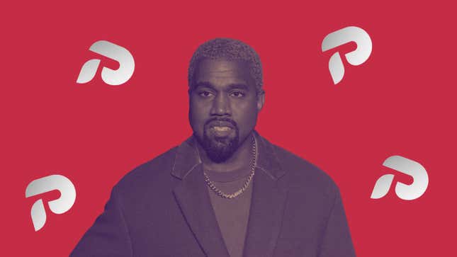 An image of Kanye West surrounded by white Parler logos.