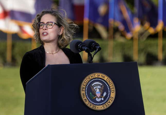 U.S. Sen. Kyrsten Sinema (D-AZ) delivers remarks before President Joe Biden signed the Infrastructure Investment and Jobs Act during a ceremony on the South Lawn at the White House on November 15, 2021 in Washington, DC. 