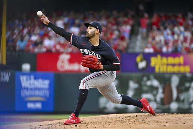 Aug 1, 2023; St. Louis, Missouri, USA;  Minnesota Twins starting pitcher Pablo Lopez (49) pitches against the St. Louis Cardinals during the second inning at Busch Stadium.