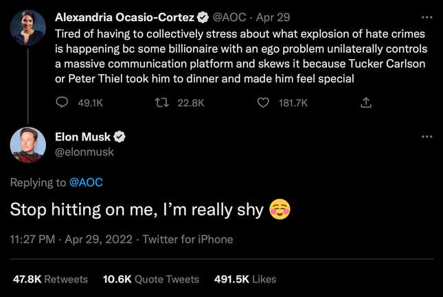 A screenshot of Elon Musk responding to a tweet from Rep. Alexandria Ocasio-Cortez. "Stop hitting on me, I'm really shy," it reads.