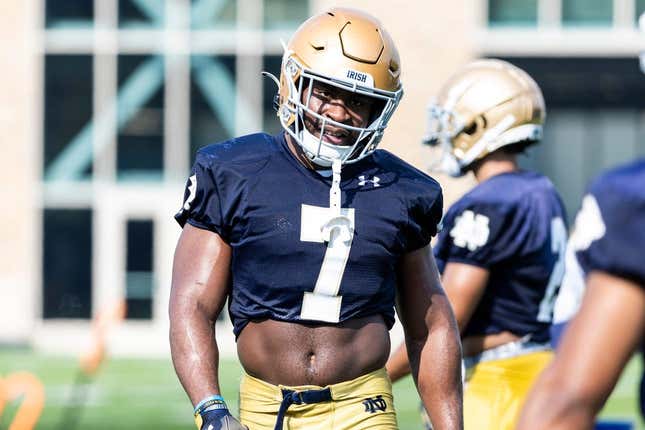 Notre Dame's Audric Estim during Notre Dame Fall Camp on Wednesday, July 26, 2023, at Irish Athletics Center in South Bend, Indiana.