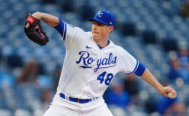 May 2, 2023; Kansas City, Missouri, USA; Kansas City Royals relief pitcher Ryan Yarbrough (48) pitches during the first inning against the Baltimore Orioles at Kauffman Stadium.