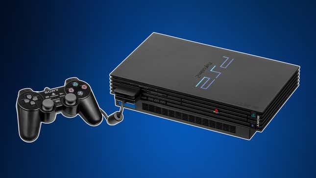 A phat-model PlayStation 2 sits alongside its DualShock 2 controller on a blue background.