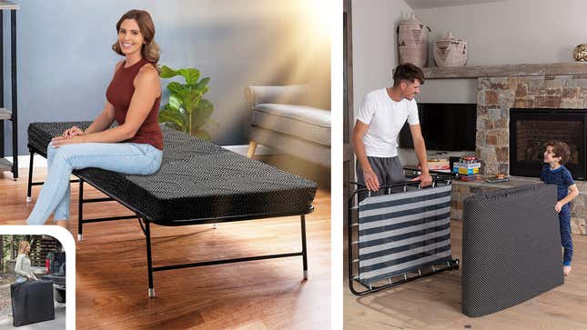 A woman sitting on the foldable bed. A man and a child putting together the bed.