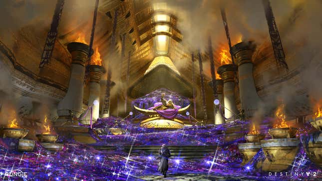 Destiny 2 raid boss Emperor Calus sits in his throne room aboard the Leviathan.