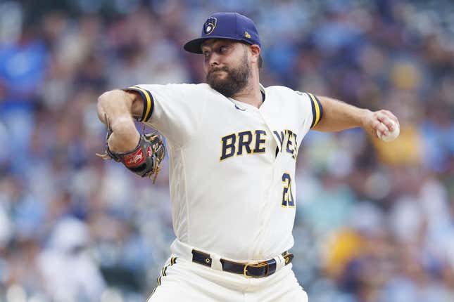 Aug 8, 2023; Milwaukee, Wisconsin, USA;  Milwaukee Brewers pitcher Wade Miley (20) throws a pitch during the first inning against the Colorado Rockies at American Family Field.