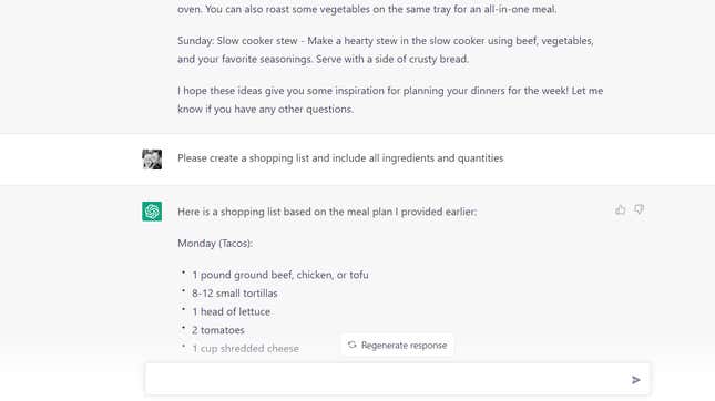 Screenshot of text between ChatGPT and user, with ChatGPT suggesting meal plans