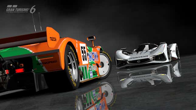 Front view of Mazda Vision Gran Turismo, with 787B in the foreground