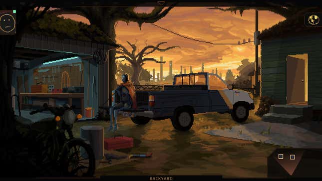 A humanoid sits on a truck next to a garage at sunset in Norco, one of the best games on Game Pass.