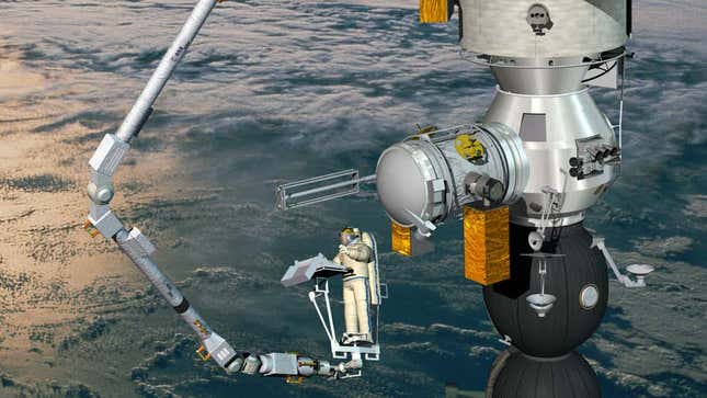 Representación artística del nuevo brazo en acción, con un astronauta trabajando en la estación de control externa.