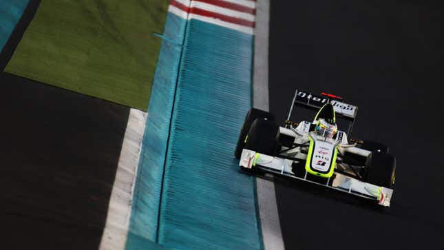 A photo of the green and white Brawn GP Formula 1 car. 