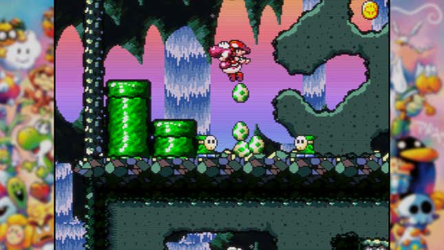 A pink Yoshi leads its eggs through a watery cavern. 