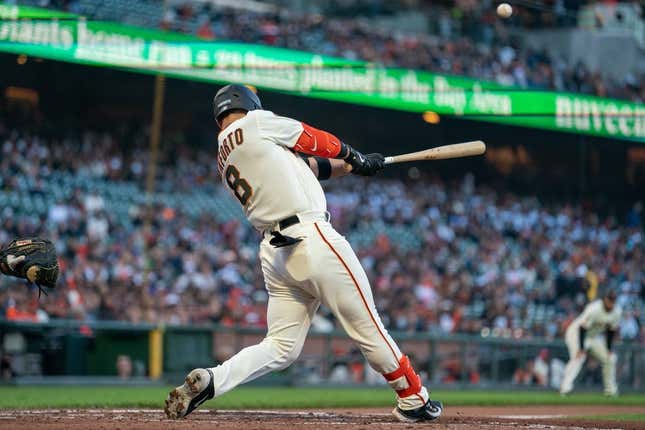May 15, 2023; San Francisco, California, USA;  San Francisco Giants right fielder Michael Conforto (8) hits a three-run home run during the second inning against the Philadelphia Phillies at Oracle Park.