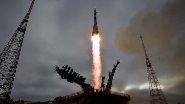 A photo of a Russian rocket launching to the ISS.