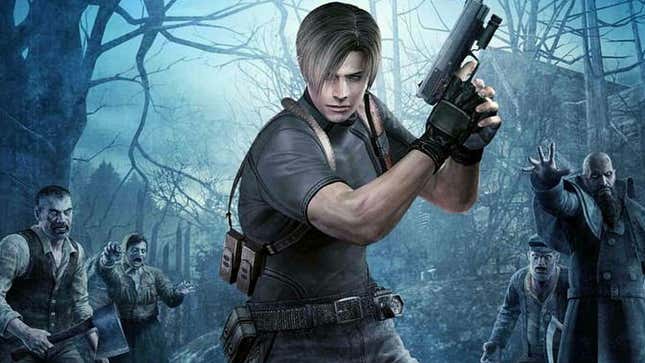 An image shows Leon with a handgun in RE4. 