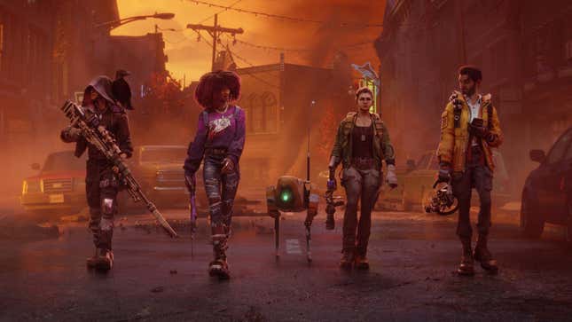 four people walk down a suburban main street at sunset in redfall, a new game announced at e3 2021