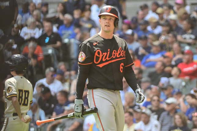 June 8, 2023;  Milwaukee, Wisconsin, USA;  Baltimore Orioles first baseman Ryan Mountcastle (6) reacts after striking out against the Milwaukee Brewers in the fourth inning at American Family Field.