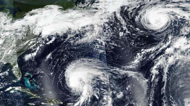 Image captured on 6 September 2022 by the VIIRS instrument aboard the joint NASA/NOAA Suomi NPP satellite, showing storms Earl and Danielle.