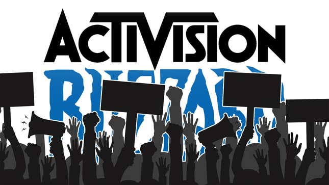 Pickett signs are held in front of the Activision Blizzard logo. 