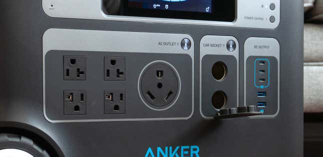 A close-up of the power ports on the front of the Anker PowerHouse 767 Portable Power Station.