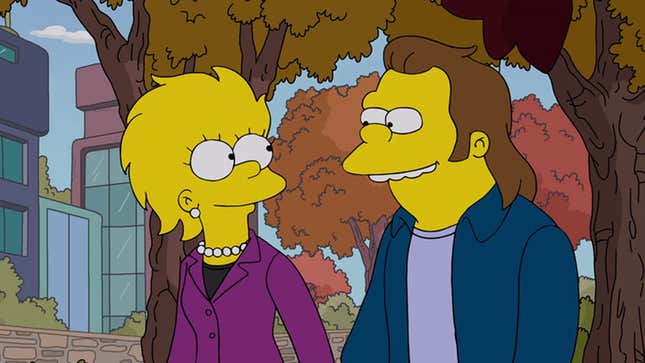 A screenshot from The Simpsons shows an older Lisa and Nelson on a date. 