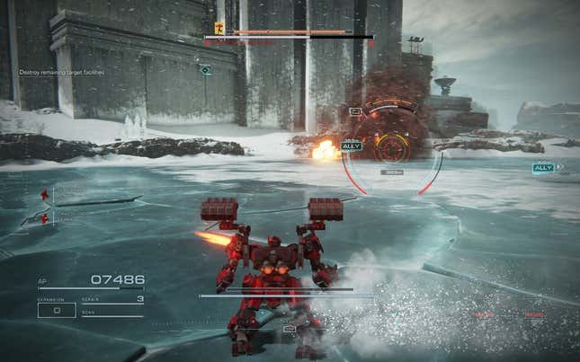 A mech engages in combat.