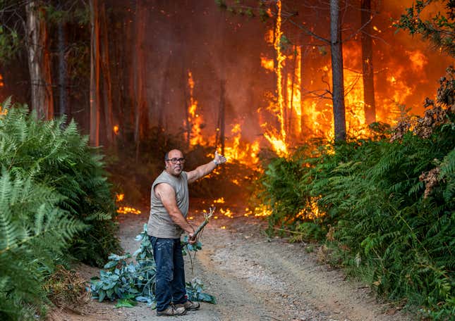 A resident reacts to a fire burning near his home in Albergaria a Velha, Portugal, on July 13, 2022.
