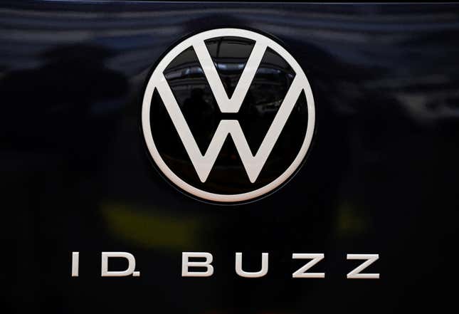 The logo of the VW ID Buzz in white on a black background.