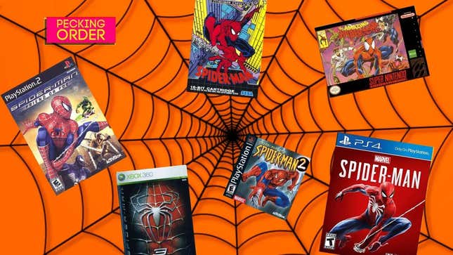A variety of Spider-Man games from different console generations are in a web against an orange background. The words PECKING ORDER are in a box in the upper left.
