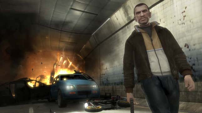 A screenshot reveals a man in a track fit leaving automobiles in GTA 4. 