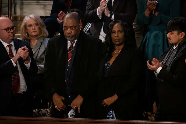 RowVaughn and Rodney Wells, the mother and stepfather of Tyre Nichols who was beaten to death by police officers in Memphis, are recognized by U.S. President Joe Biden during the State of the Union address to a joint session of the U.S. Congress on Capitol Hill in Washington, D.C., on Feb. 7, 2023.