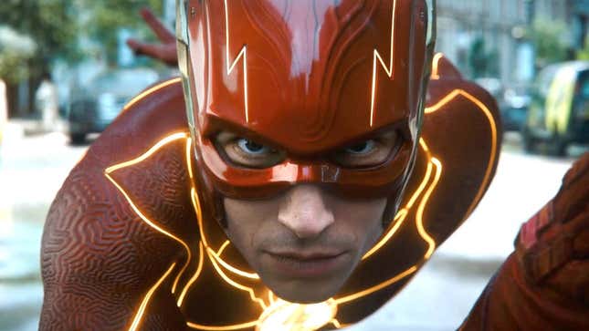 Ezra Miller as The Flash, preparing to run. 