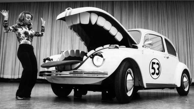 A black and white photo of Herbie from The love Bug 