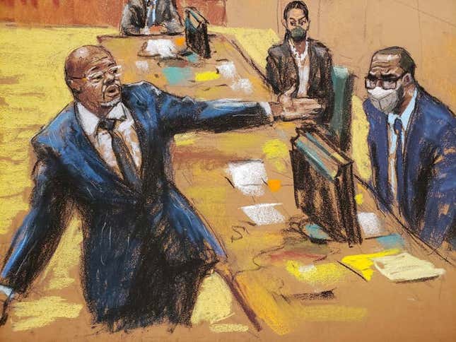 A courtroom sketch of the defense presenting closing arguments in Brooklyn federal court on Thursday.