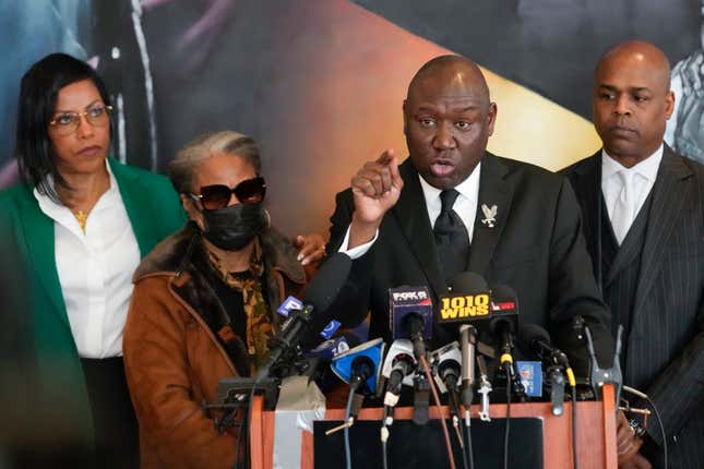 Attorney Ben Crump, speaks during a news conference, Feb. 21, 2023, at the Malcolm X &amp; Dr. Betty Shabazz Memorial and Educational Center in New York, accompanied by the daughters of Malcom X, Ilyasah Shabazz, left, and Qubilah Shabbaz, second from left, and attorney Ray Hamlin, right.