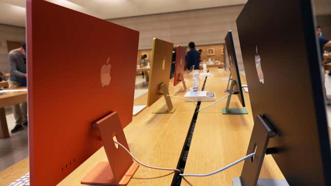 Recently released iMac color computers are seen at the 5th Avenue Apple store on May 21, 2021 in New York City. Apple recently launched new consumer products.