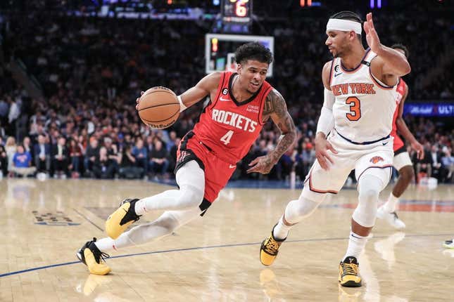 Mar 27, 2023; New York, New York, USA; Houston Rockets guard Jalen Green (4) looks to drive past New York Knicks guard Josh Hart (3) in the second quarter at Madison Square Garden.