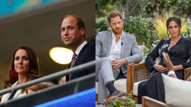 Prince William, Duke of Cambridge, and Catherine, Duchess of Cambridge, at UEFA EURO 2020 final football match between Italy and England on July 11, 2021; Prince Harry and Meghan, The Duke and Duchess of Sussex, with Oprah Winfrey.