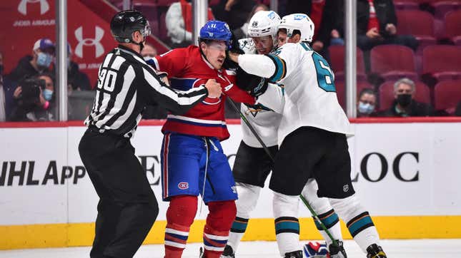 Jasper Weatherby and Erik Karlsson take turns punching Montreal’s Brendan Gallagher.