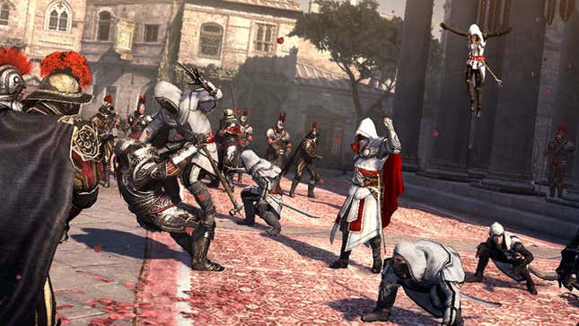 An assassin calls on other assassins as they all attack knights in armor. 