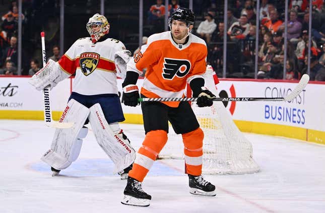 Mar 21, 2023; Philadelphia, Pennsylvania, USA; Philadelphia Flyers left wing James van Riemsdyk (25) looks on against the Florida Panthers in the first period at Wells Fargo Center.