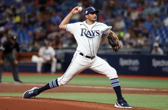 Jun 6, 2023; St. Petersburg, Florida, USA;  Tampa Bay Rays starting pitcher Zach Eflin (24) throws a pitch against the Minnesota Twins during the second inning at Tropicana Field.