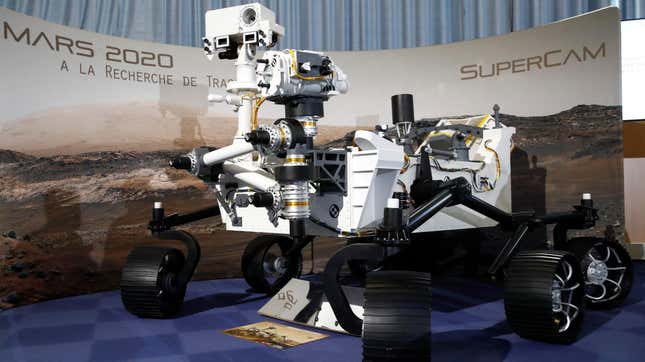 A replica of the Perseverance rover.