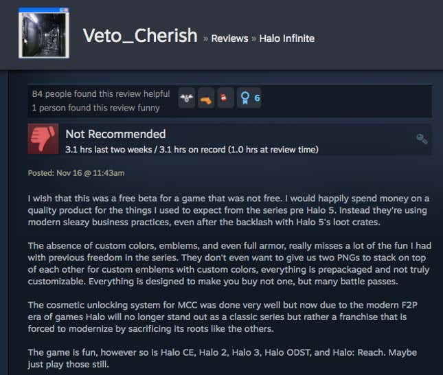 Image for article titled Halo Infinite’s Multiplayer, As Told By Steam Reviews