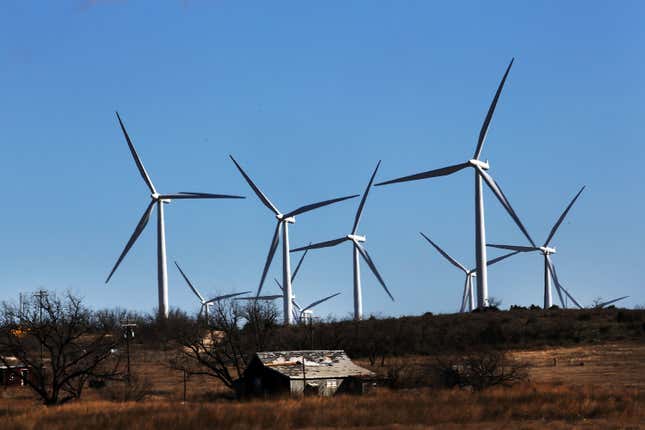 Wind turbines are viewed at a wind farm in Texas.