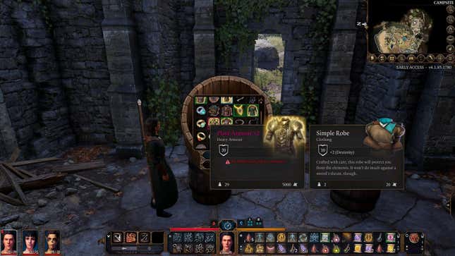 A Baldur's Gate 3 screenshot shows a character looking into a barrel and finding several items to loot.