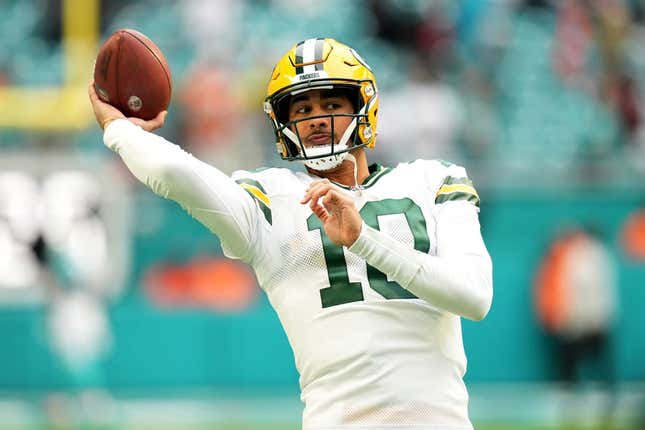 Dec 25, 2022; Miami Gardens, Florida, USA; Green Bay Packers quarterback Jordan Love (10) warms up prior to the game against the Miami Dolphins at Hard Rock Stadium.