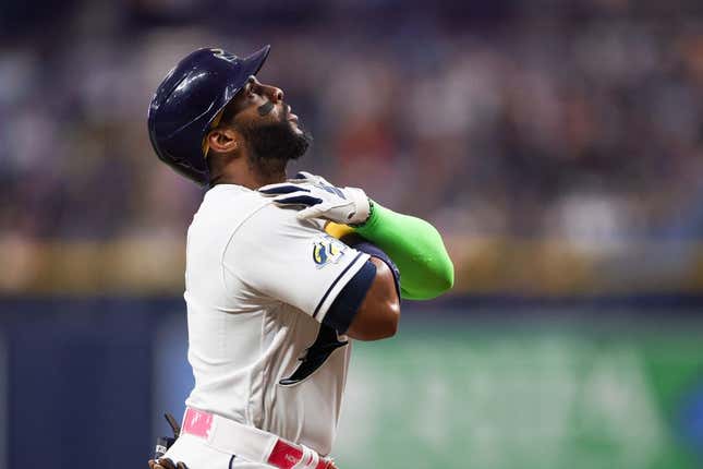 May 26, 2023; St. Petersburg, Florida, USA;  Tampa Bay Rays first baseman Yandy Diaz (2) celebrates after hitting a home run against the Los Angeles Dodgers in the fourth inning at Tropicana Field.