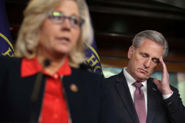  House Minority Leader Kevin McCarthy (R-Calif), right, listens to then-House Republican Conference Chair Rep. Liz Cheney (R-Wyo.) during a news conference following a caucus meeting at the U.S. Capitol Visitors Center February 13, 2019 in Washington, DC. 